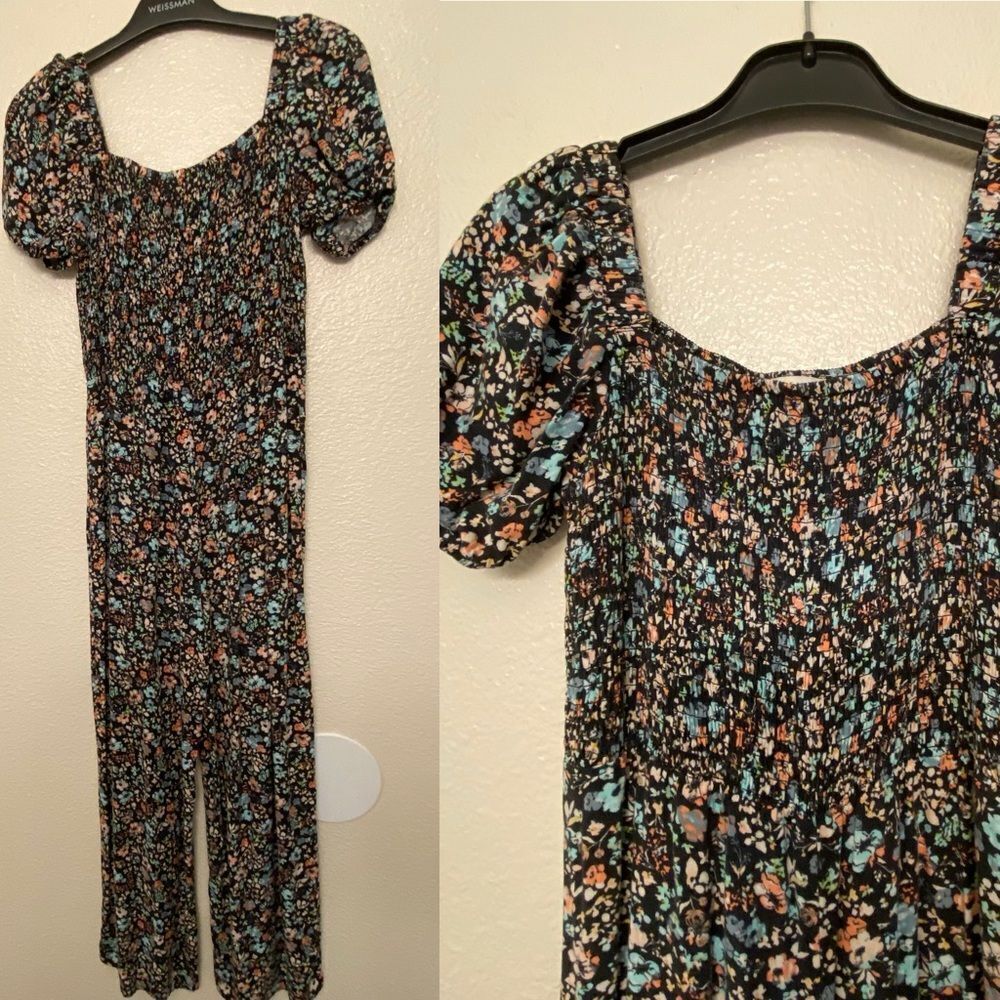 Stitch & Pine floral print smocked lightweight summer 
Jumpsuit wide leg L 14